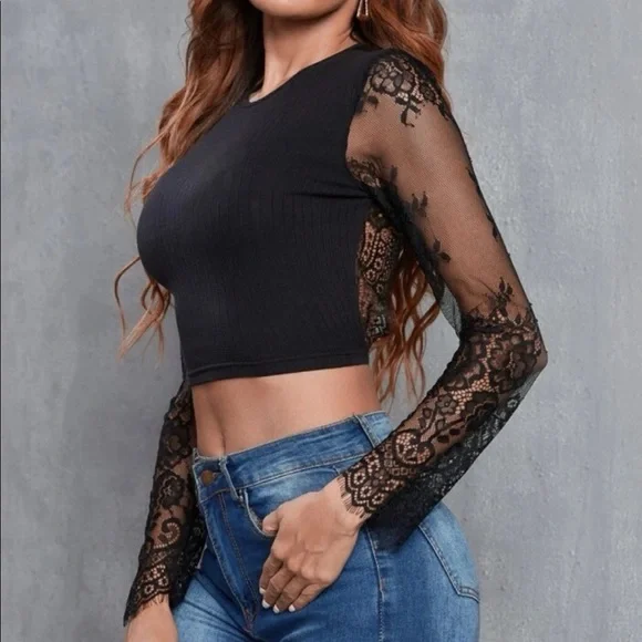 Boho Lace Sheer Mesh Tie Back Long Sleeves Crop Top - Picture 3 of 8